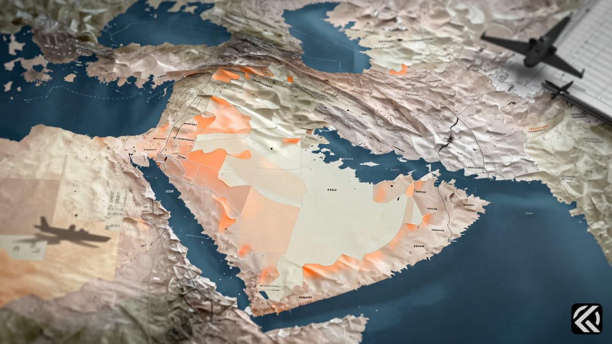 Abstract map of the Persian Gulf overlaid with military budget symbols representing rising war costs.