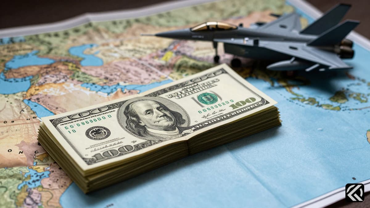 Dollar bills representing 29 billion dollars near a Middle East map and broken jet model.