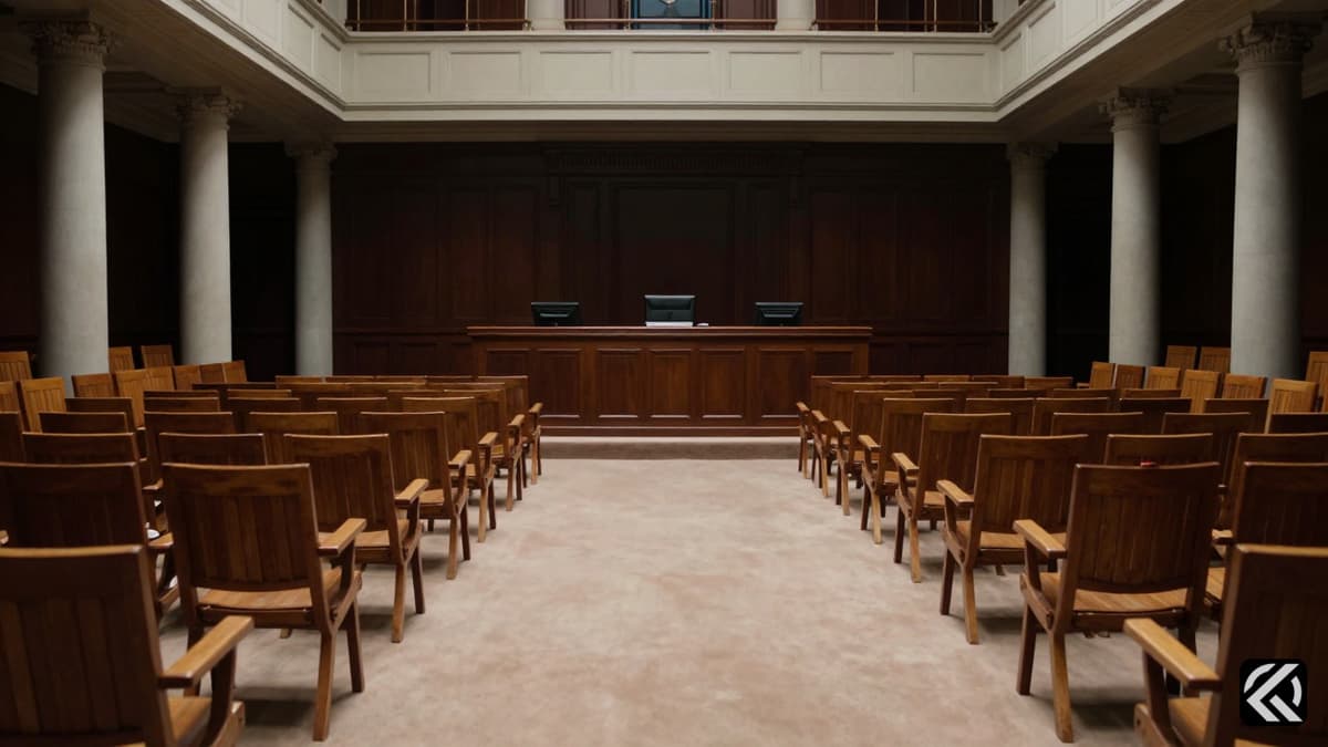Symbolic wooden chairs facing opposite directions in an empty legislative hall representing political division.