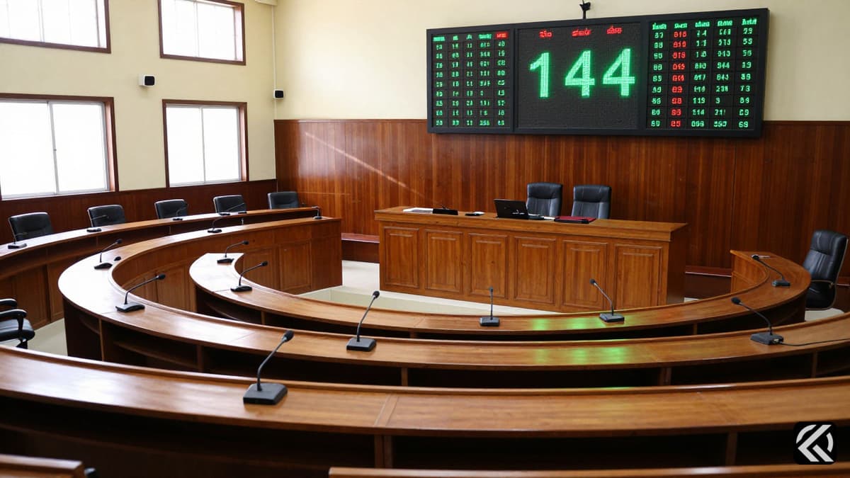 Empty Tamil Nadu Assembly chamber with a digital display showing the number 144 after the trust vote conclusion.