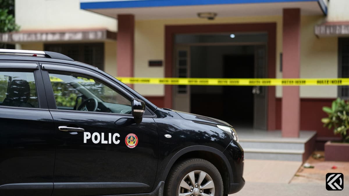 Police vehicle and caution tape at a residential entrance in Lucknow during an active investigation.