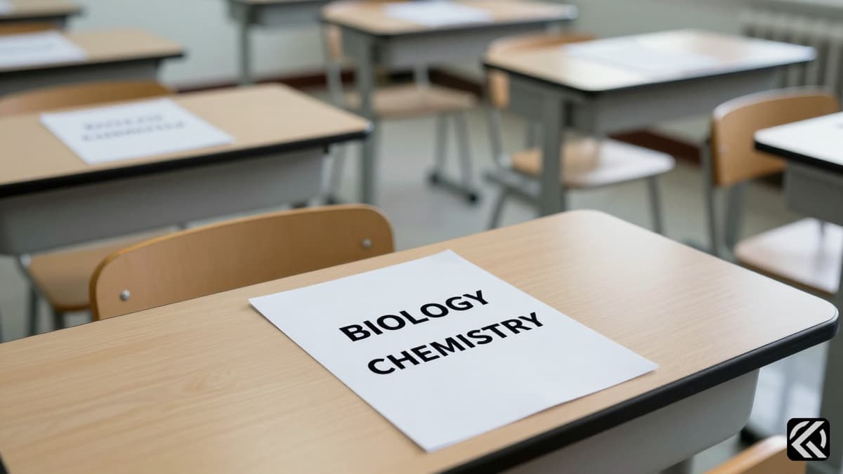 Empty exam hall with papers labeled Biology and Chemistry