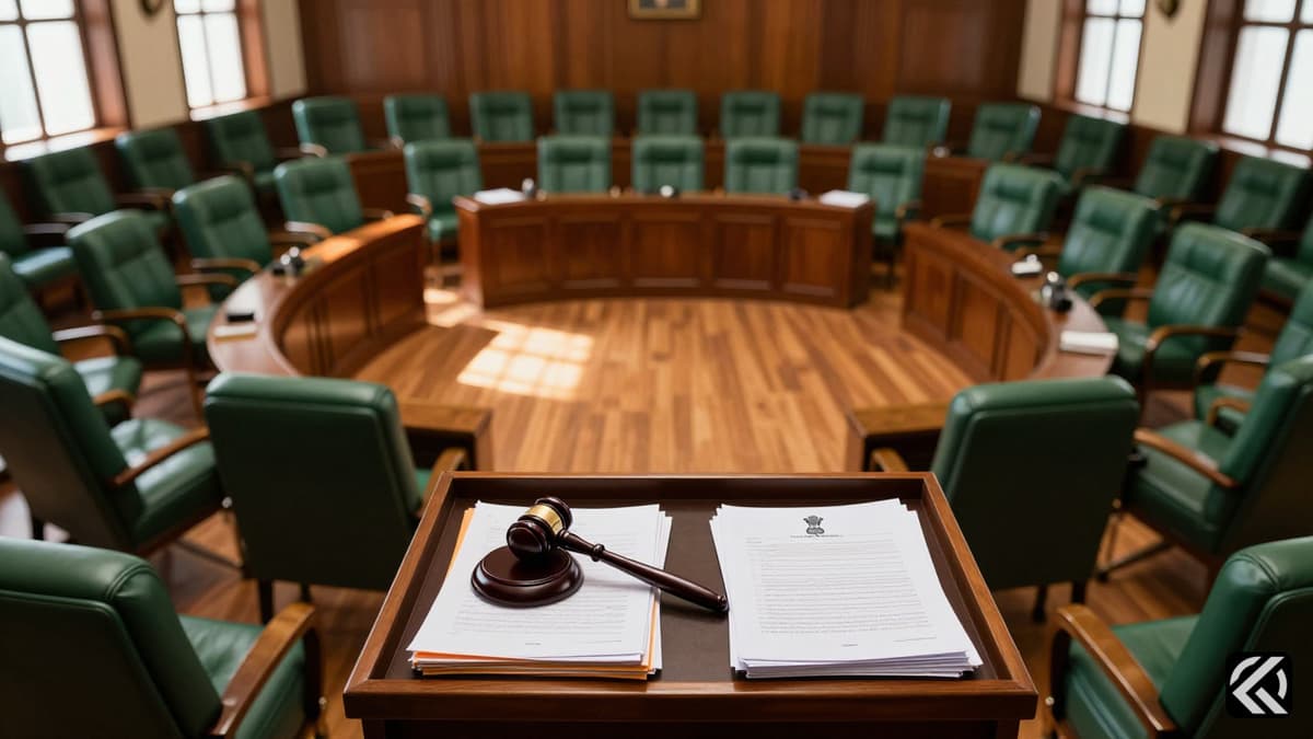 Empty legislative assembly chairs and a gavel on a podium symbolizing new government formation.