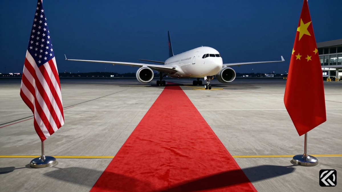 Red carpet on airport tarmac between US and Chinese flags for diplomatic arrival