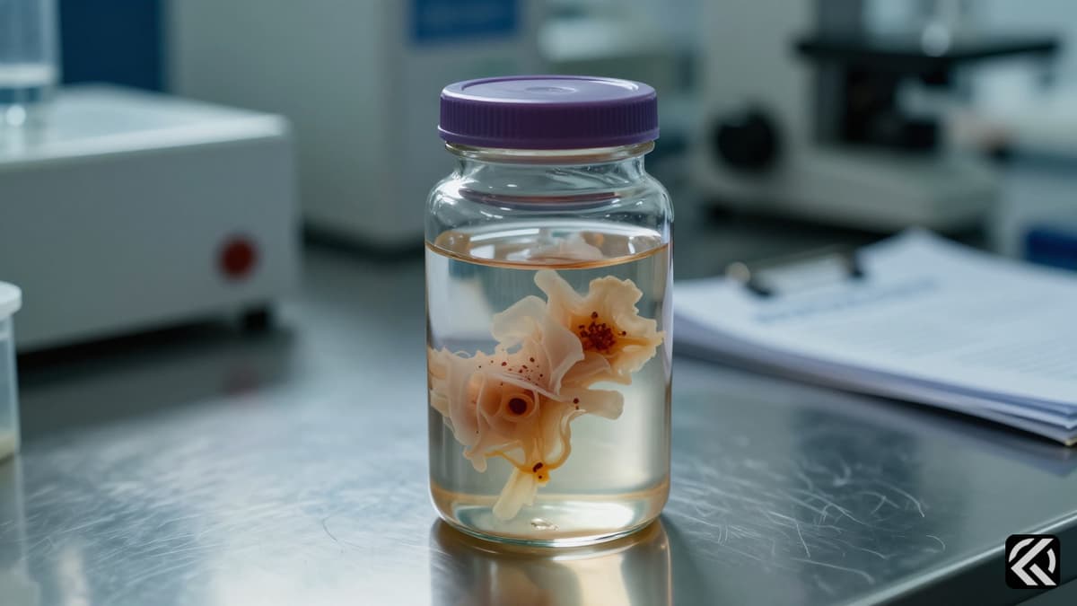 Formalin jar with preserved tissue sample on forensic table.