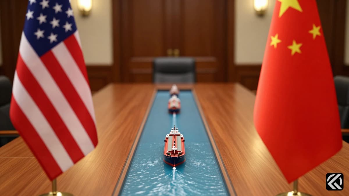 Flags of the US and China separated by a map model of the Strait of Hormuz on a diplomatic table.