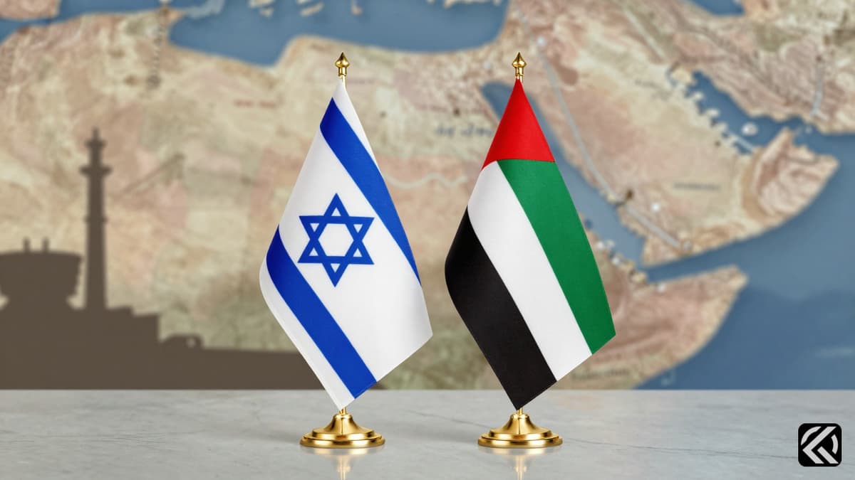 Flags of Israel and UAE on a desk symbolizing diplomatic ties during conflict.