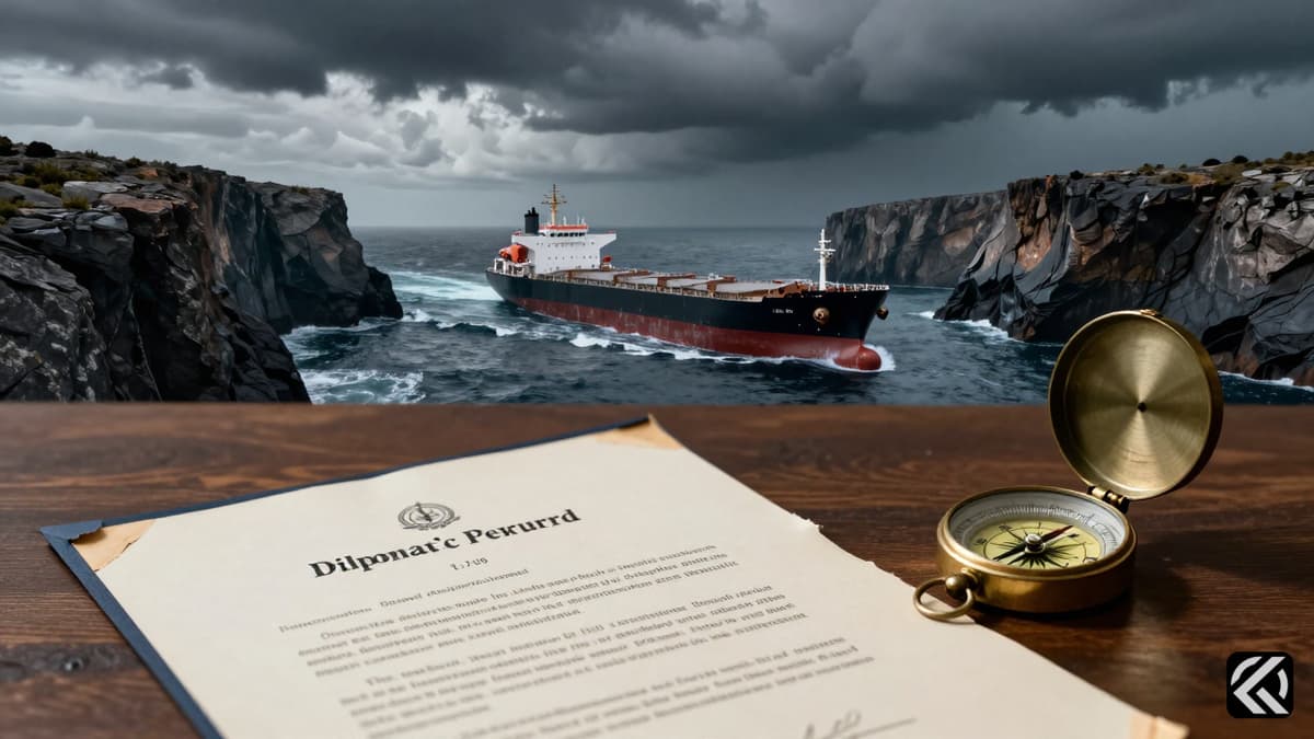 Stormy ocean view of a tanker near cliffs with torn treaty symbolizing failed diplomacy