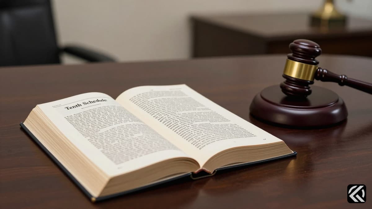 Open Indian Constitution book highlighting the Tenth Schedule next to a wooden gavel on a desk, symbolizing political law and order.