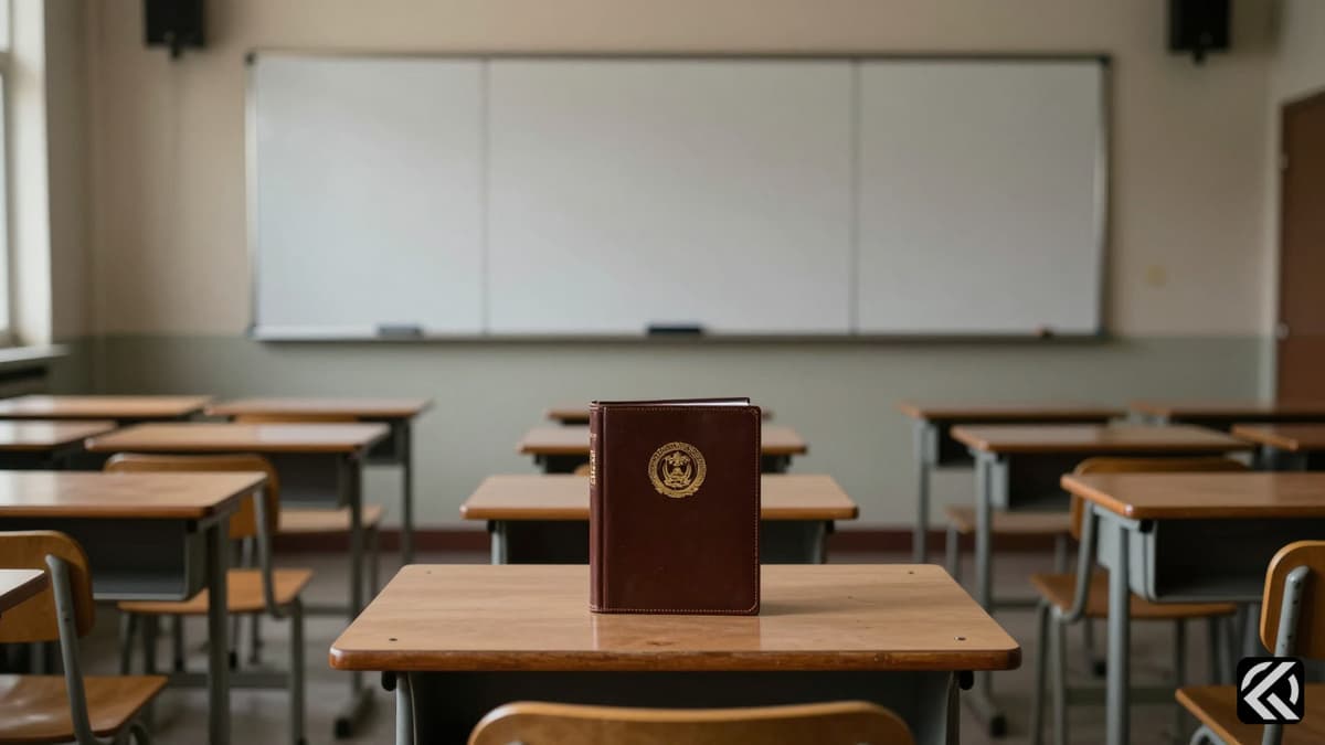 Empty exam hall with a cancelled file on the desk