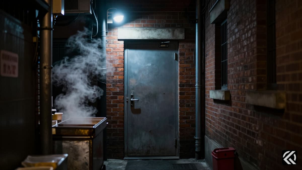 Narrow NYC alleyway with unmarked door and security camera symbolizing hidden surveillance.