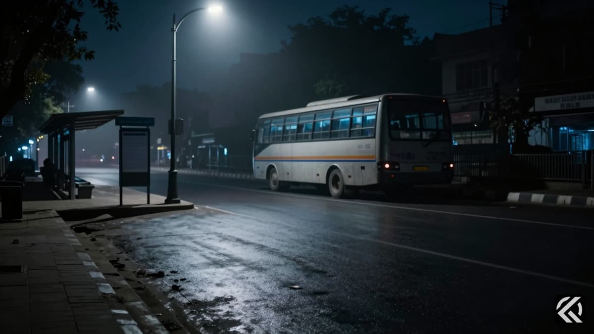 Dark Delhi street at night with foggy sleeper bus silhouette and streetlamp.