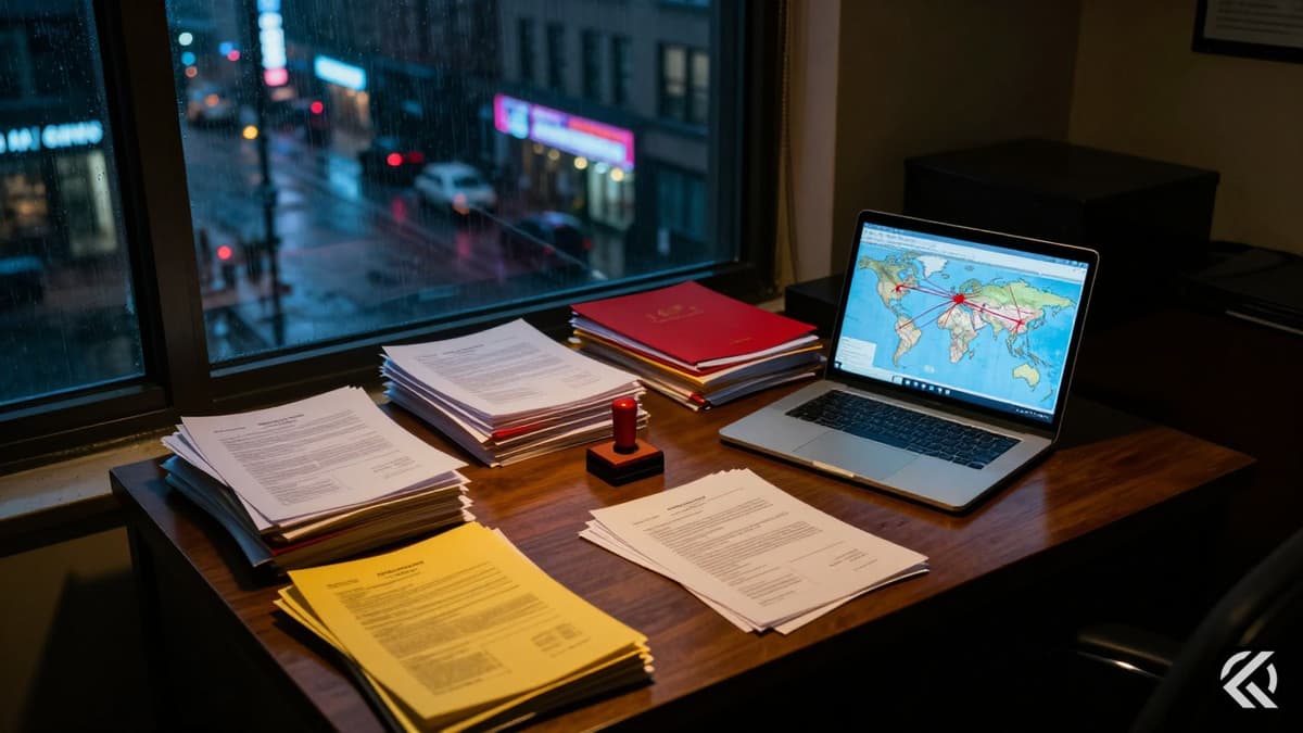 Dimly lit office desk with Chinese documents and a laptop showing surveillance maps against a rainy NYC window background.