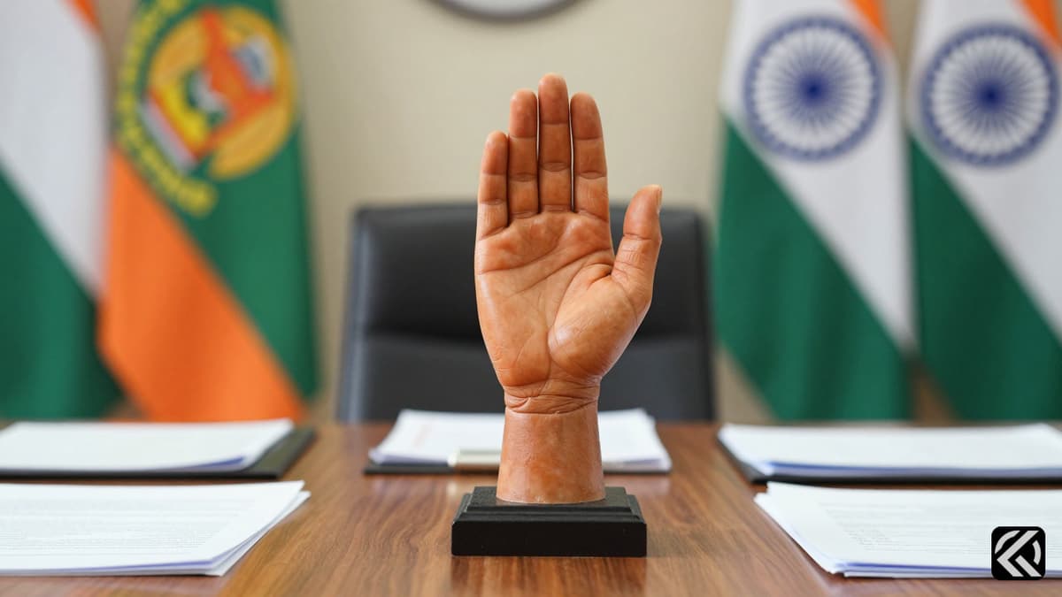 Congress party hand symbol on a desk with political flags in the background.