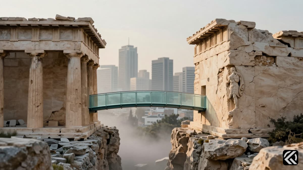 Ancient stone pillars flanking a fragile glass bridge over a misty chasm with modern city skyline in background