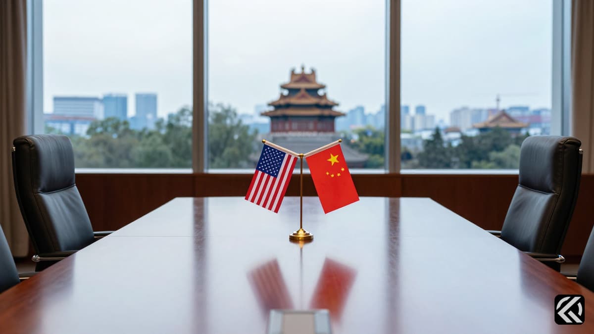 Diplomatic table with US and China flags overlooking Beijing skyline, symbolizing US-China talks