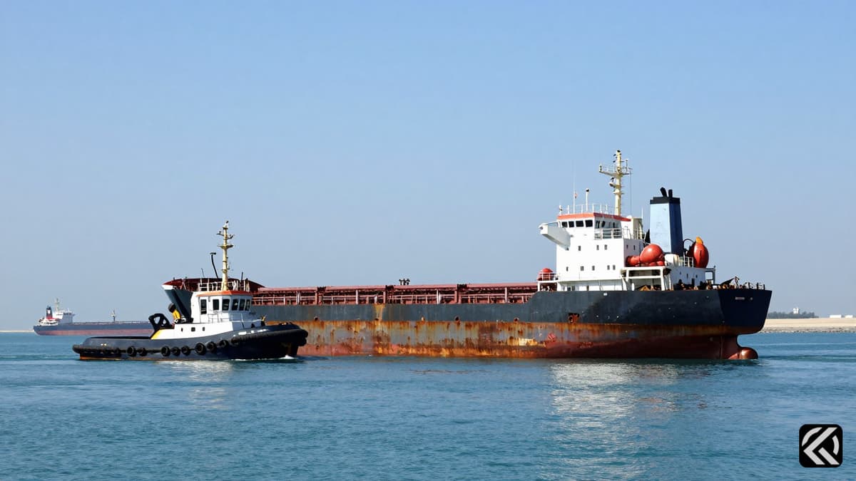 Cargo ship towed in Strait of Hormuz under bright sun