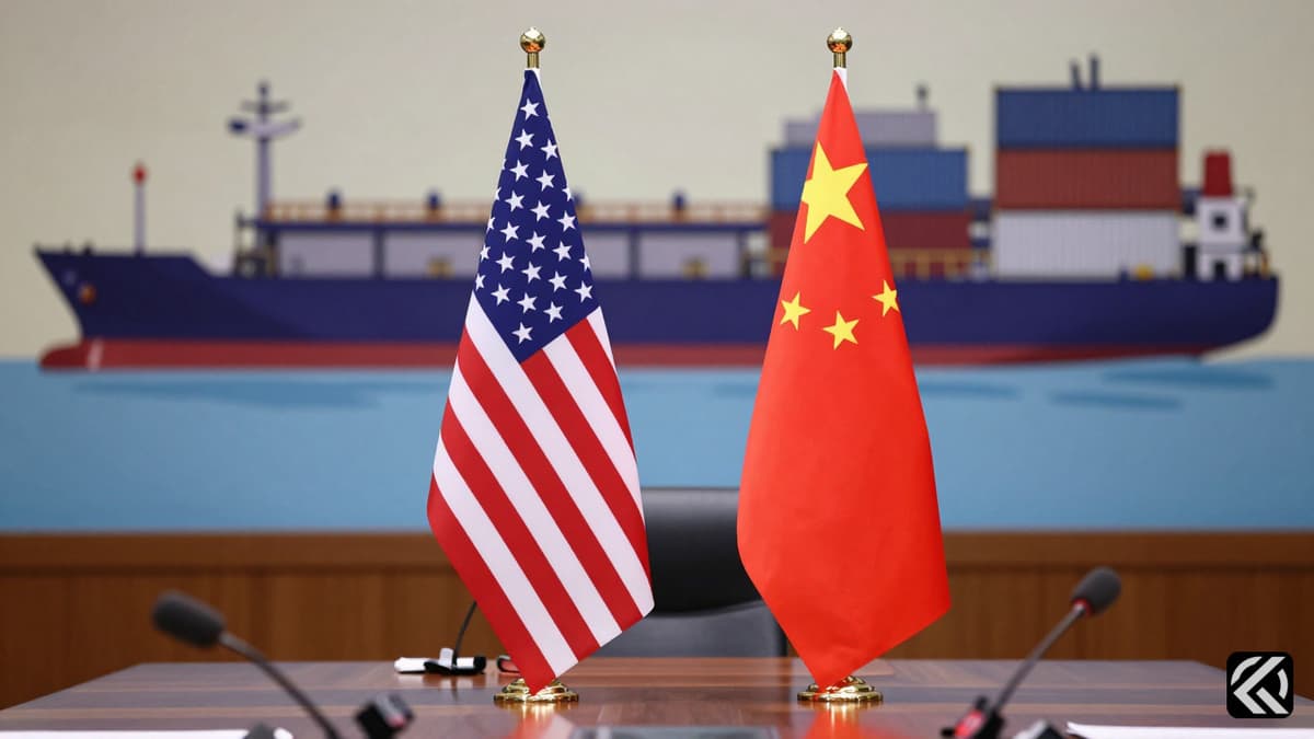 US and China flags on a table symbolizing diplomatic trade talks.