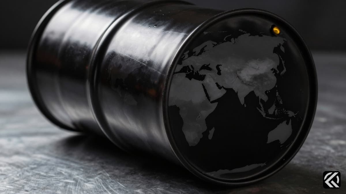 Close up of a crude oil barrel with a translucent globe overlay highlighting Eurasian energy trade.