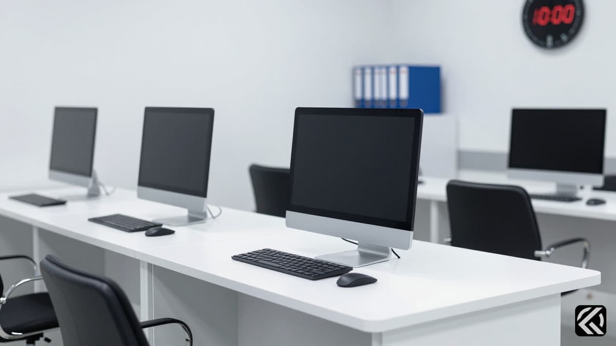 Empty computer workstations in a modern exam hall symbolizing the shift to digital testing.