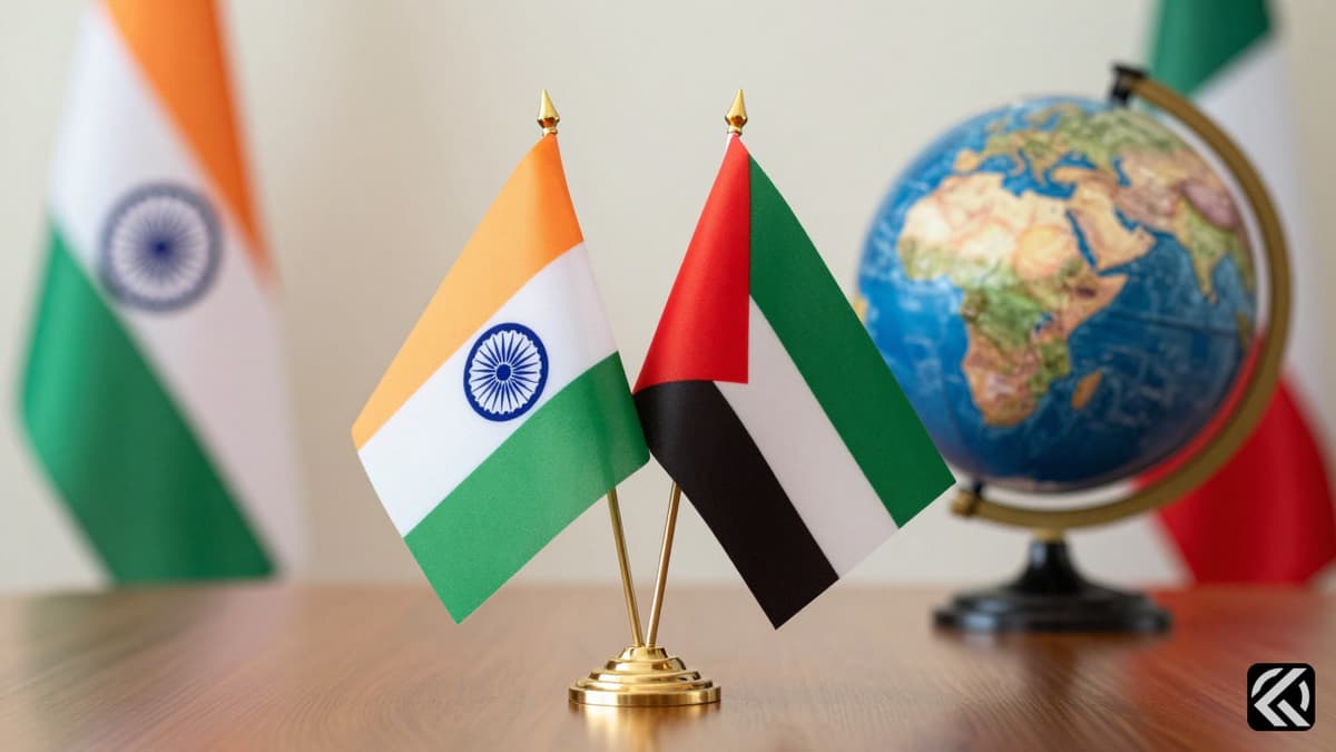 Indian and UAE flags on a diplomatic table symbolizing strategic partnership.