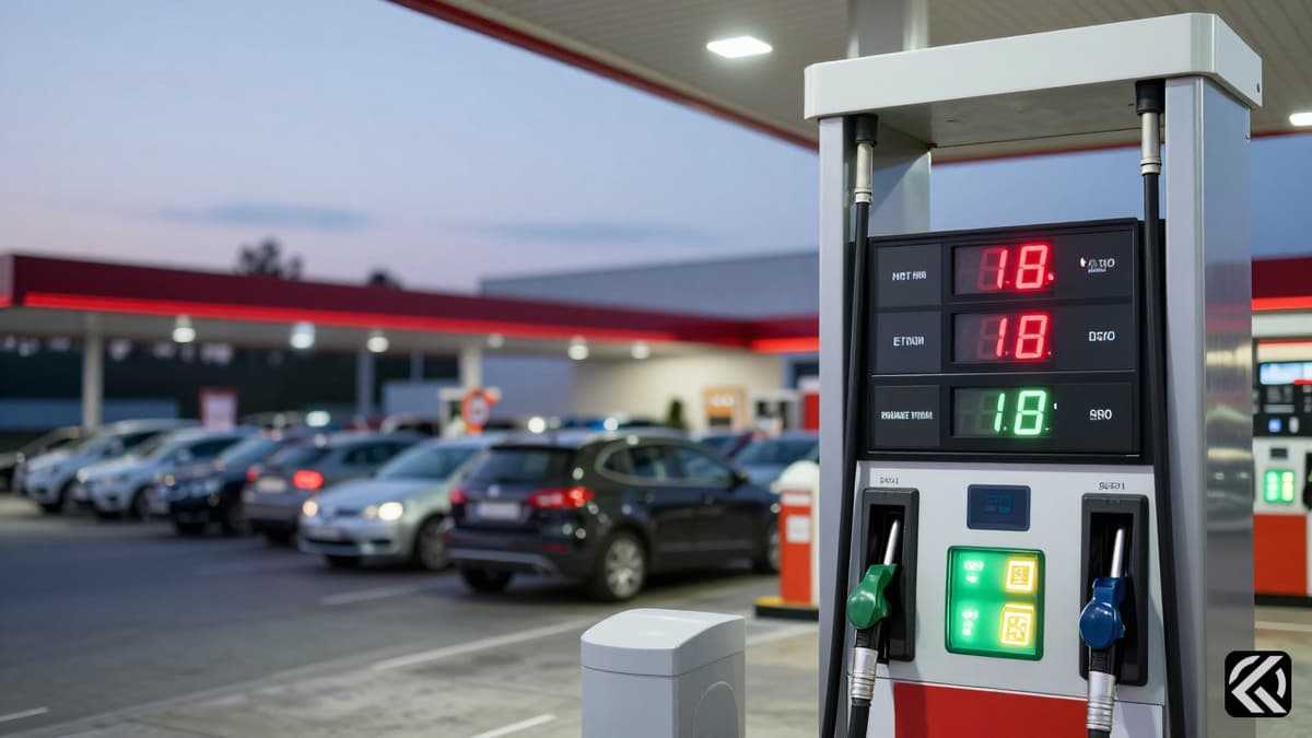 Fuel price display showing rising costs with vehicles waiting in line at a petrol station