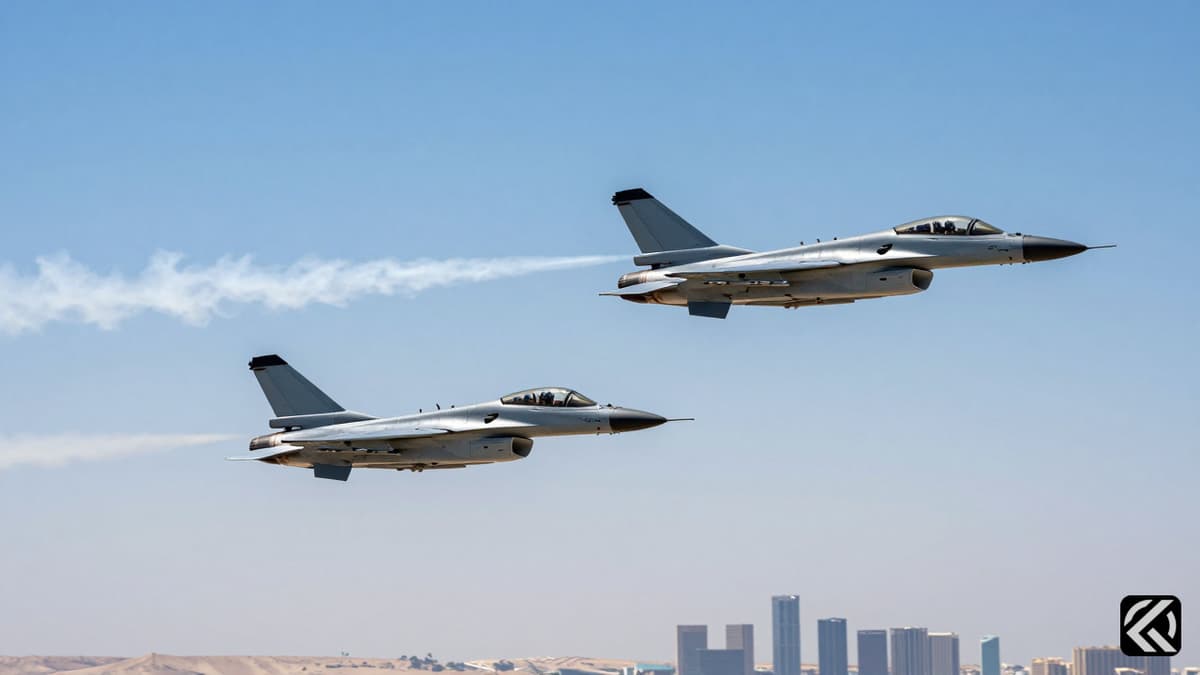 Military jets flying over a desert city skyline symbolizing diplomatic strength.