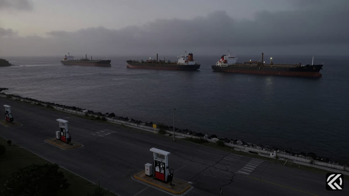 Empty fuel pumps and distant ships symbolizing energy shortage and geopolitical tension.