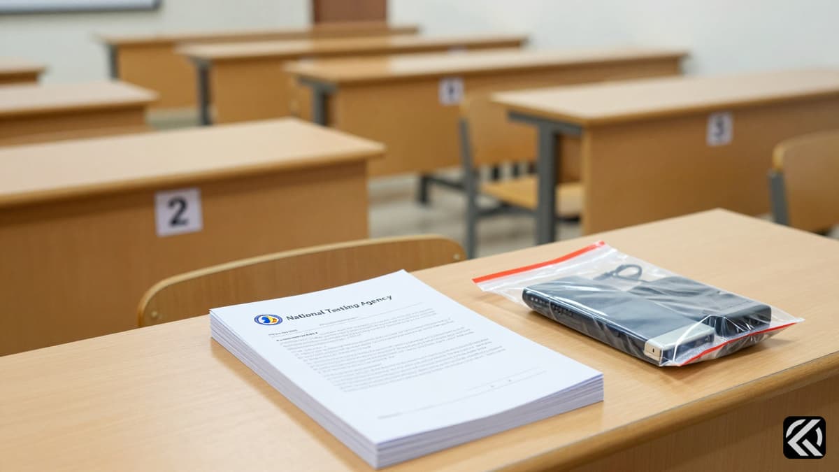 Empty exam hall desks with sealed evidence bags and official testing booklets.
