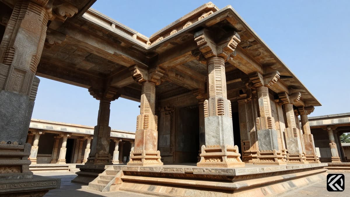Ancient stone ruins of the Bhojshala complex with massive pillars under sunlight.