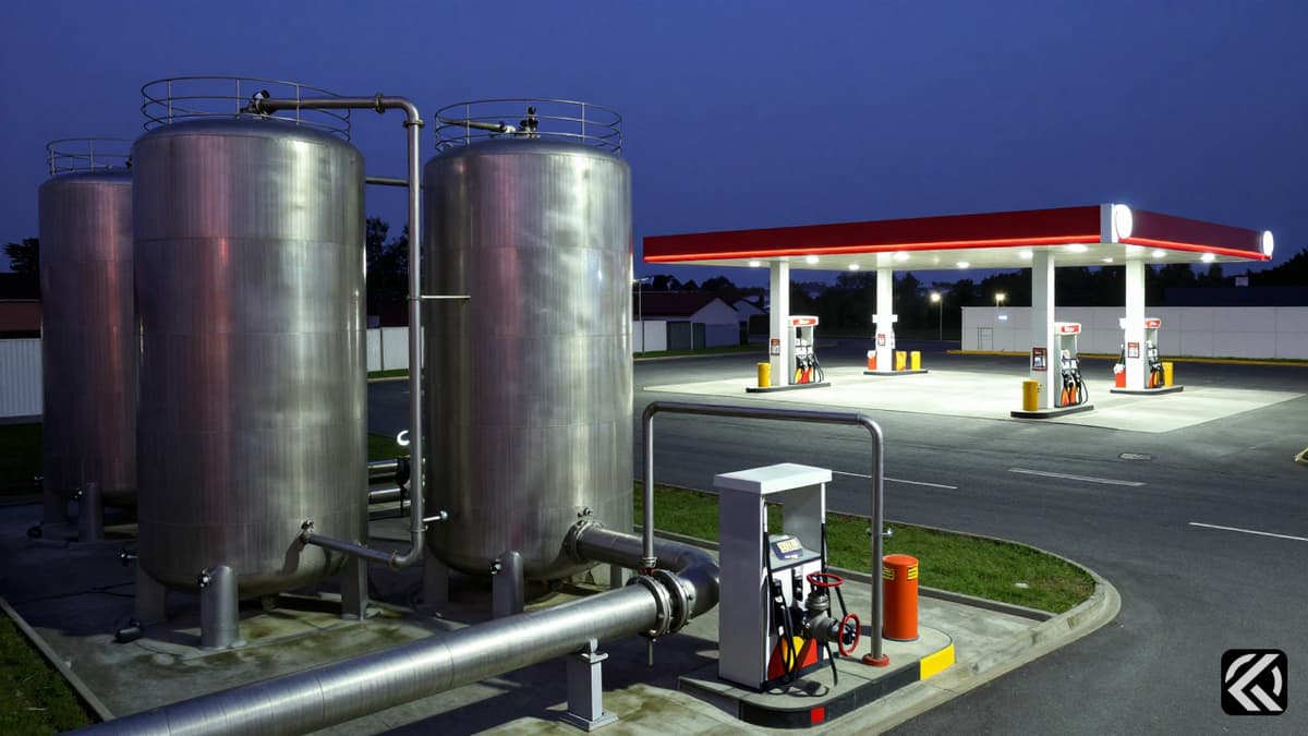 Industrial fuel storage tanks at a gas station under evening sky, highlighting infrastructure vulnerability.