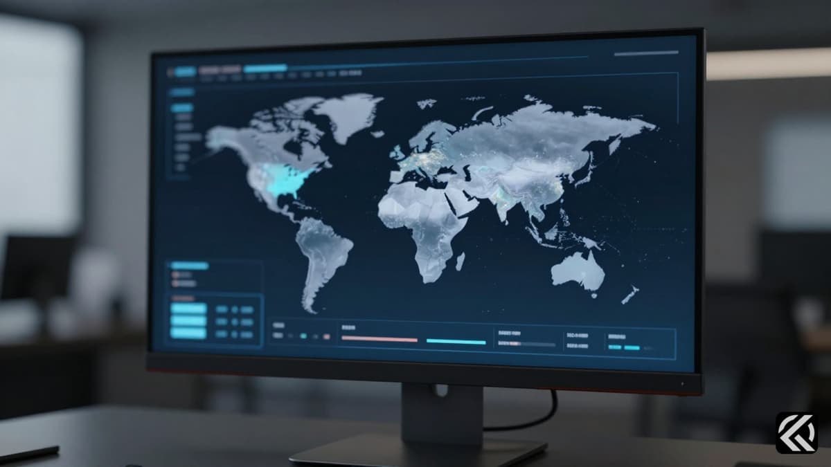 Digital dashboard showing abstract global data for international news context