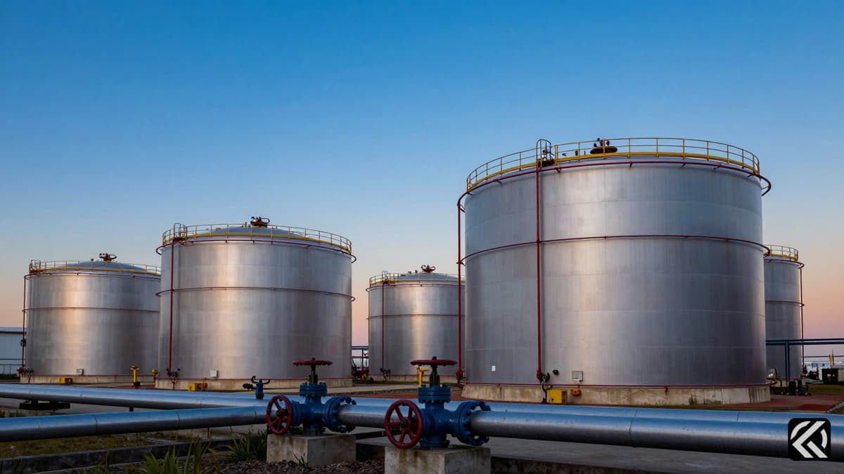 Large silver oil storage tanks at an industrial terminal under a twilight sky, symbolizing energy security.