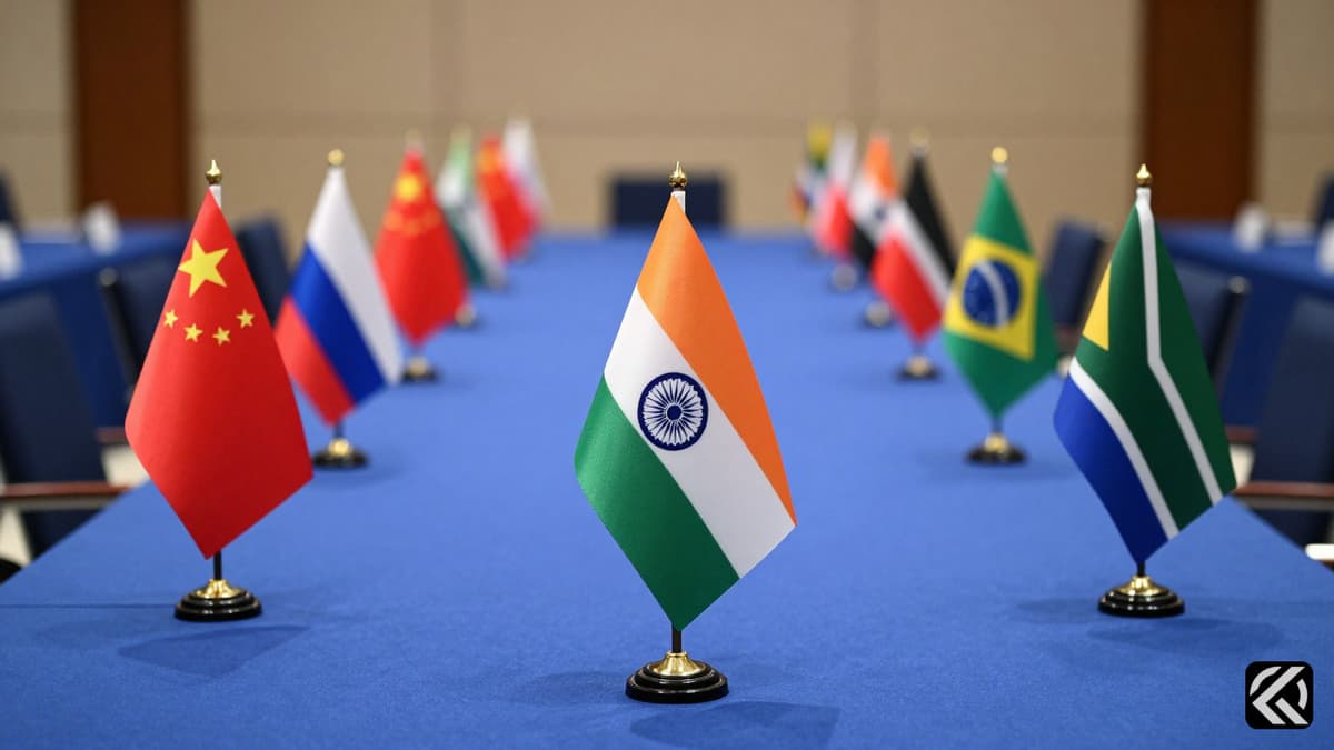 Empty conference table with national flags symbolizing diplomatic deadlock at a BRICS summit.