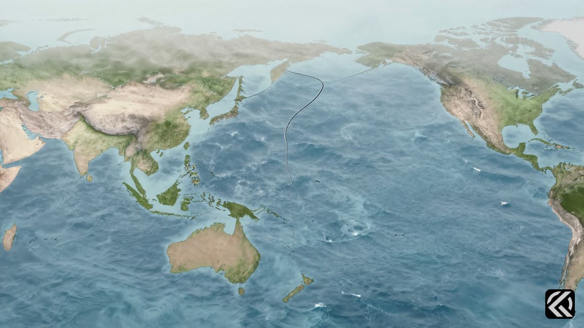 Map illustrating the vast distance between the US and Asian landmasses.