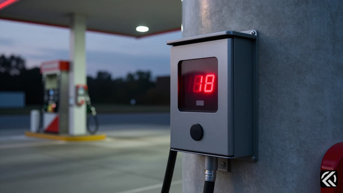 Gas station fuel tank gauge showing red warning light indicating cyber breach