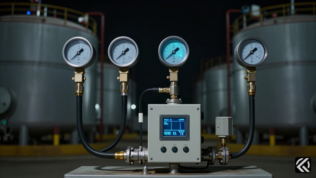 Industrial fuel tank monitoring equipment with digital gauges and sensors.