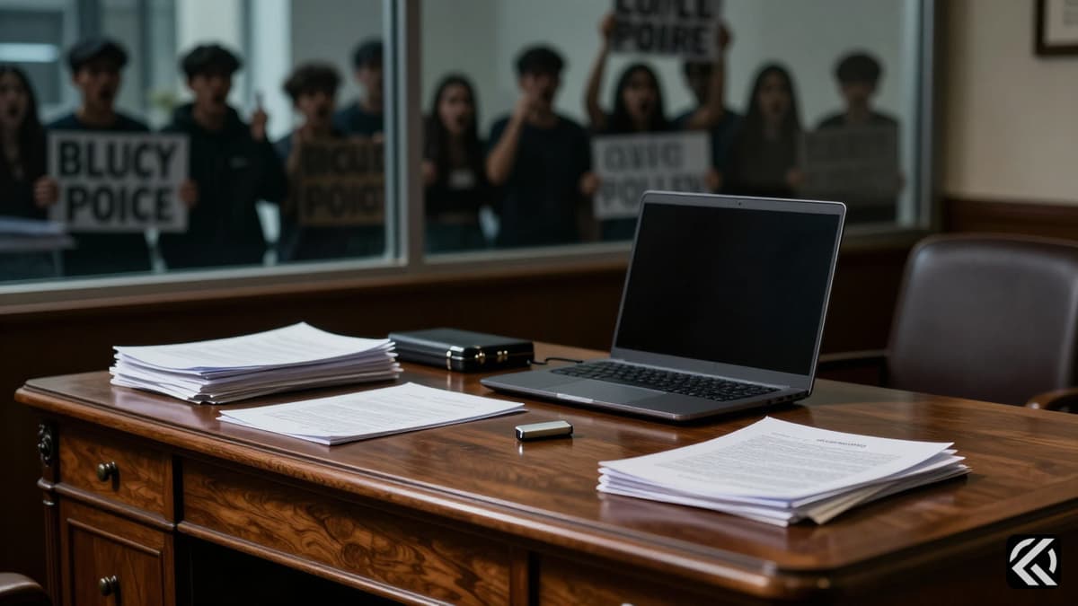 Police case file and pen drive on a desk with blurred student protesters in the background.