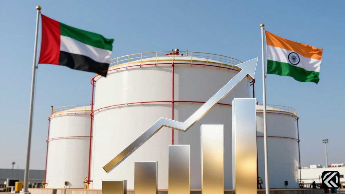 Oil storage tank with UAE and Indian flags symbolizing energy cooperation