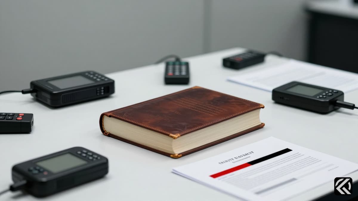 Closed textbook and evidence items on an investigative table