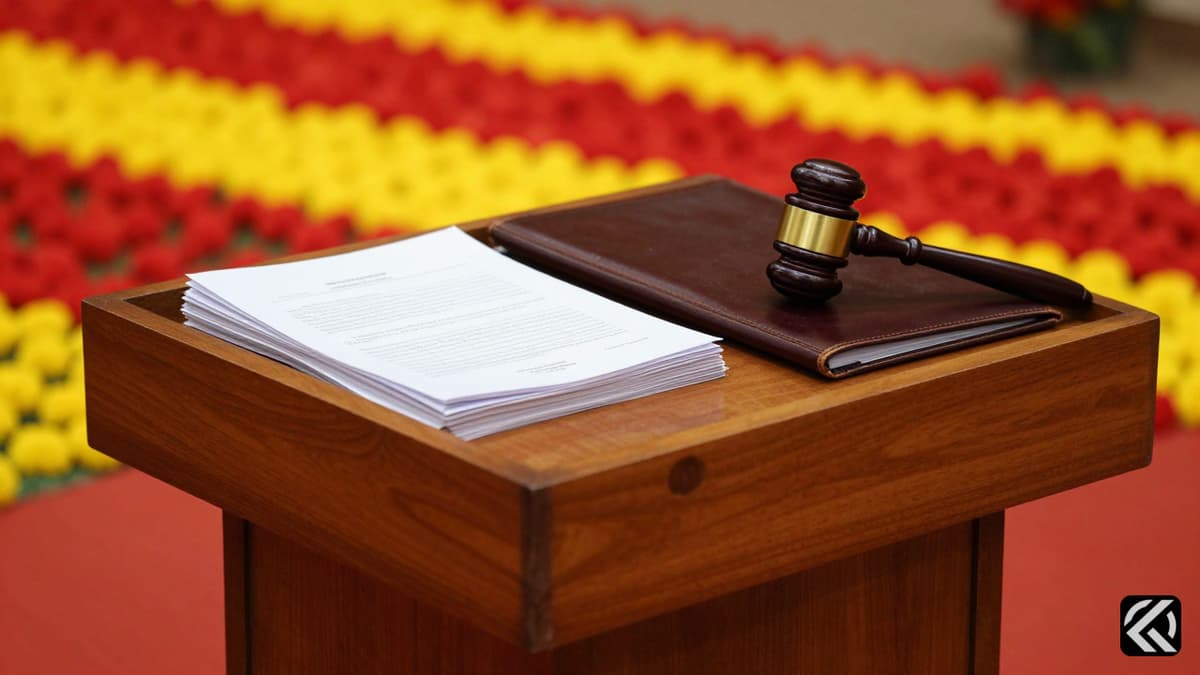Wooden podium with government documents and gavel symbolizing political authority.