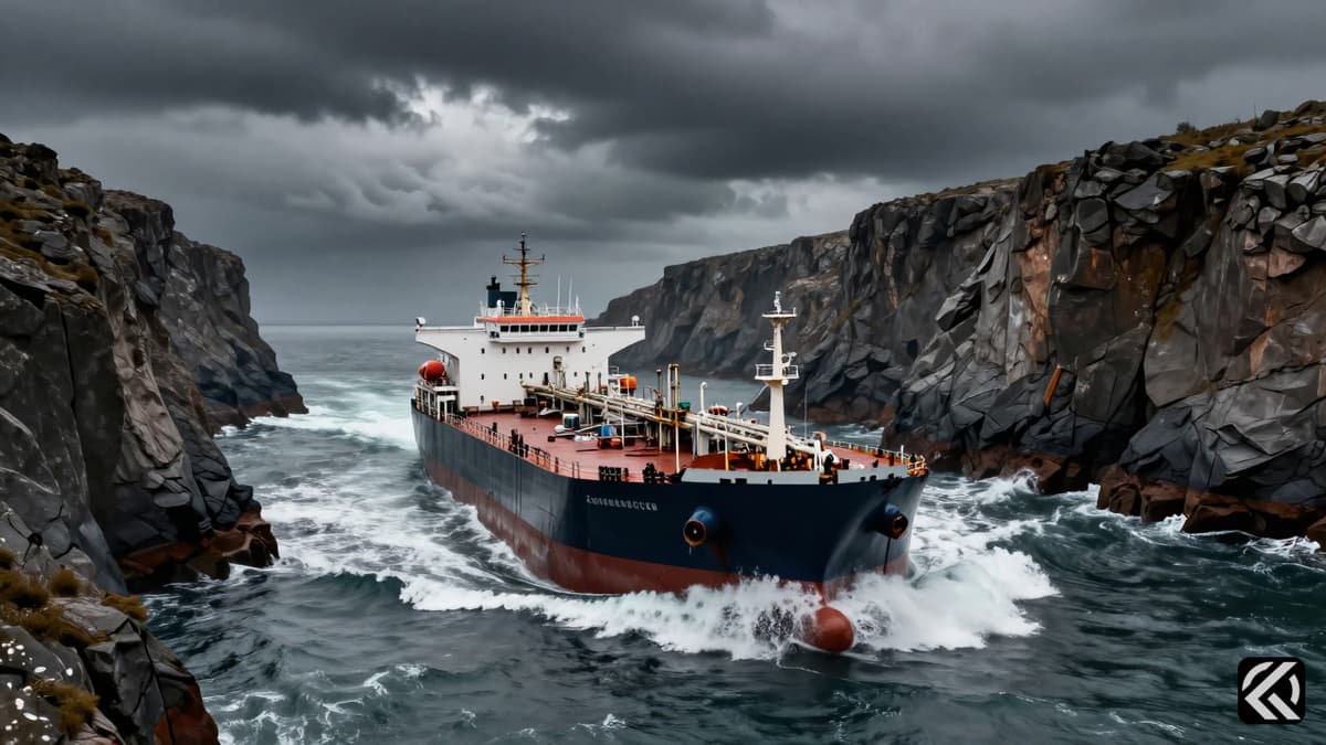 Oil tanker in rough waters near cliffs symbolizing energy crisis