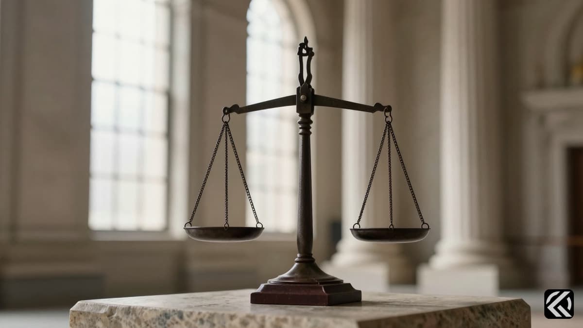 Iron legal scales on stone pedestal in courthouse light symbolizing justice.