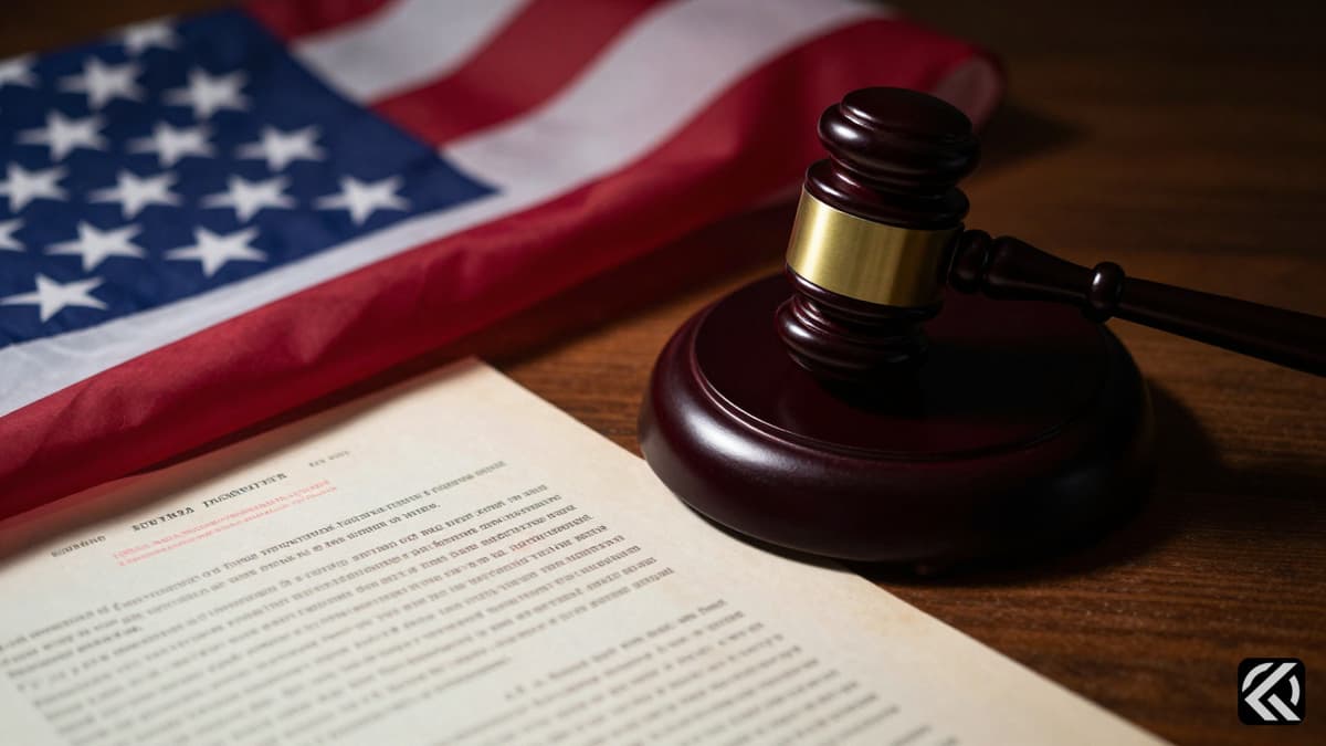 A legal gavel beside a folded American flag and official documents on a dark desk.