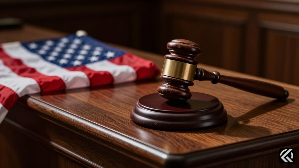 Gavel and American flag on a judicial bench symbolizing legal verdicts and political decisions.