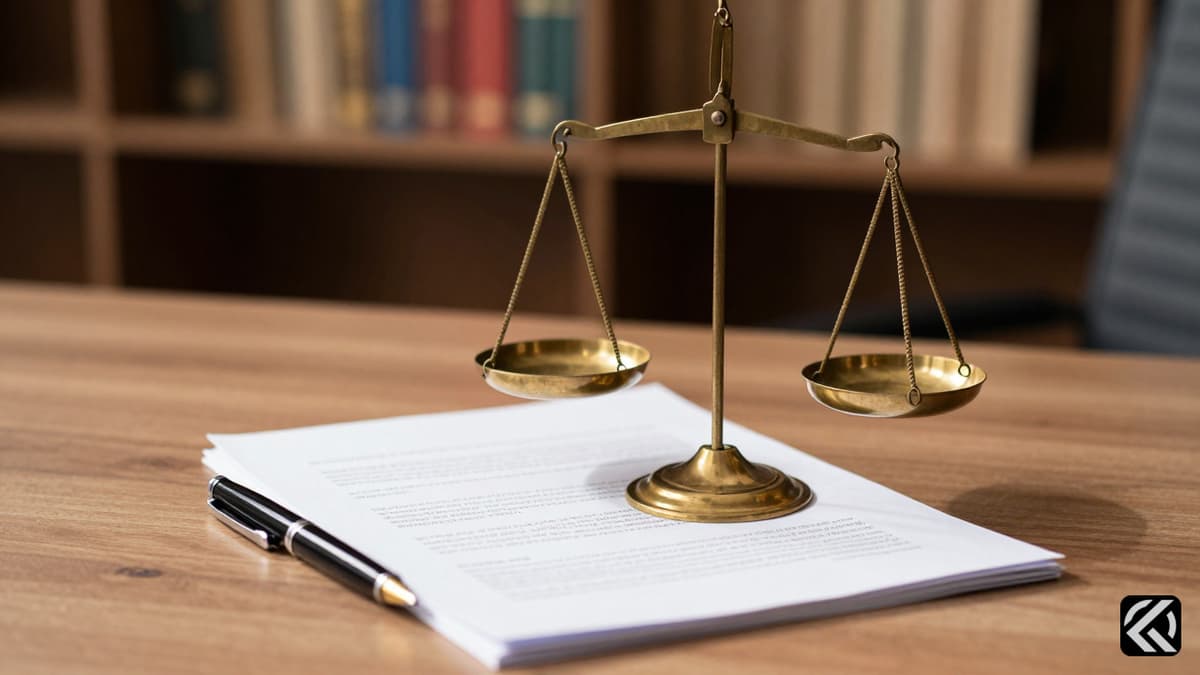 Brass scale of justice on a wooden desk with legal documents and pen