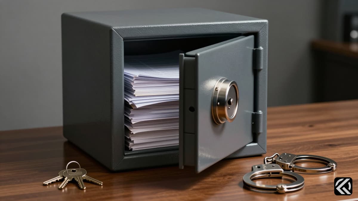 Open safe and handcuffs on desk symbolizing investigation
