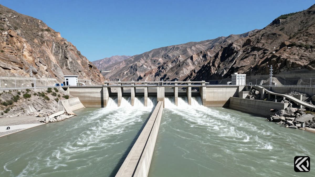 Concrete hydroelectric dam spillway releasing water into the Indus river system between India and Pakistan