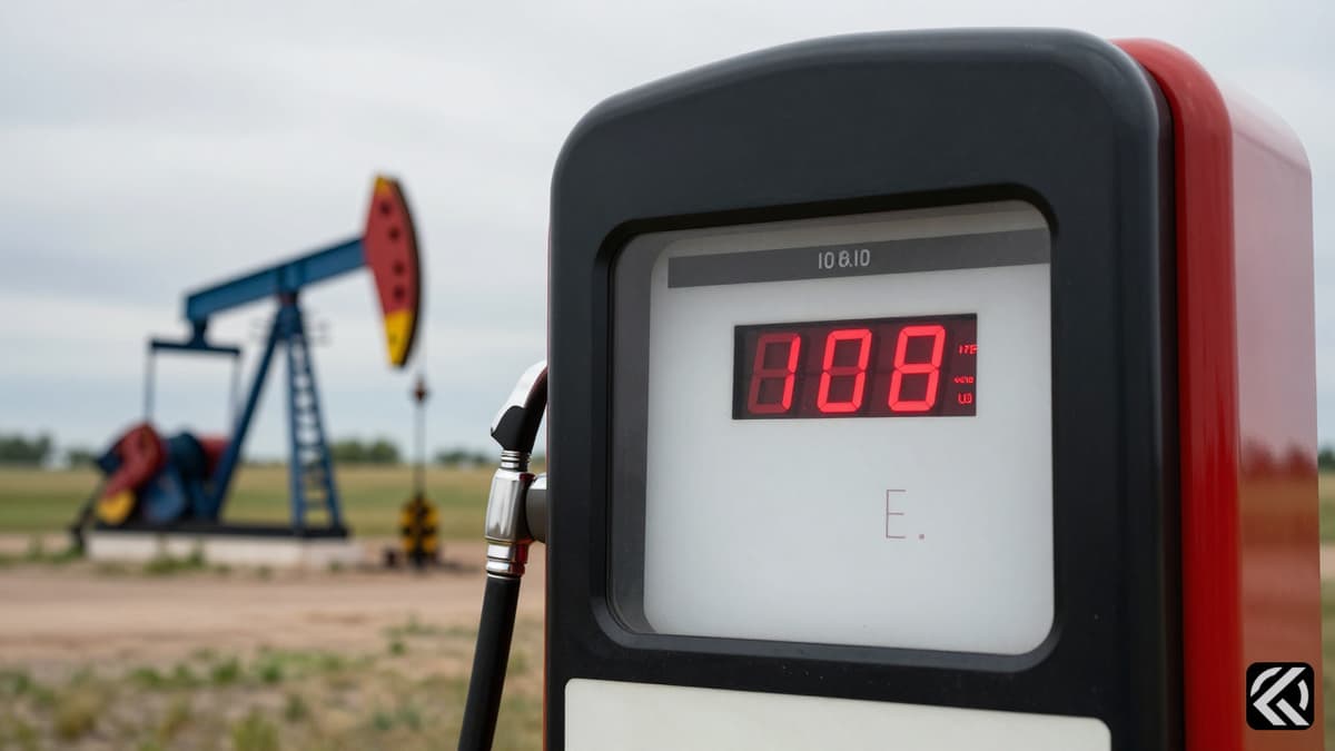 Gas pump showing rising prices with rural farm and oil industry background