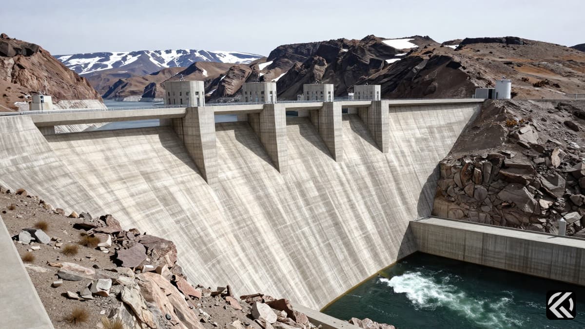 A large concrete hydroelectric dam on a river in a mountainous region representing the Indus system.